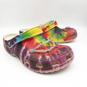 CROCS Rainbow Tie Dye Slip On Rubber Clogs Charms Womens 8